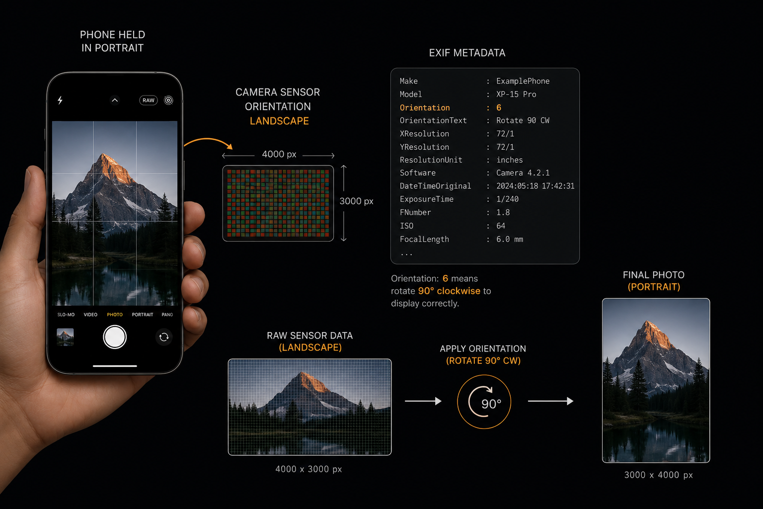 How EXIF orientation works — phone in portrait, sensor in landscape, metadata tag, rotation applied